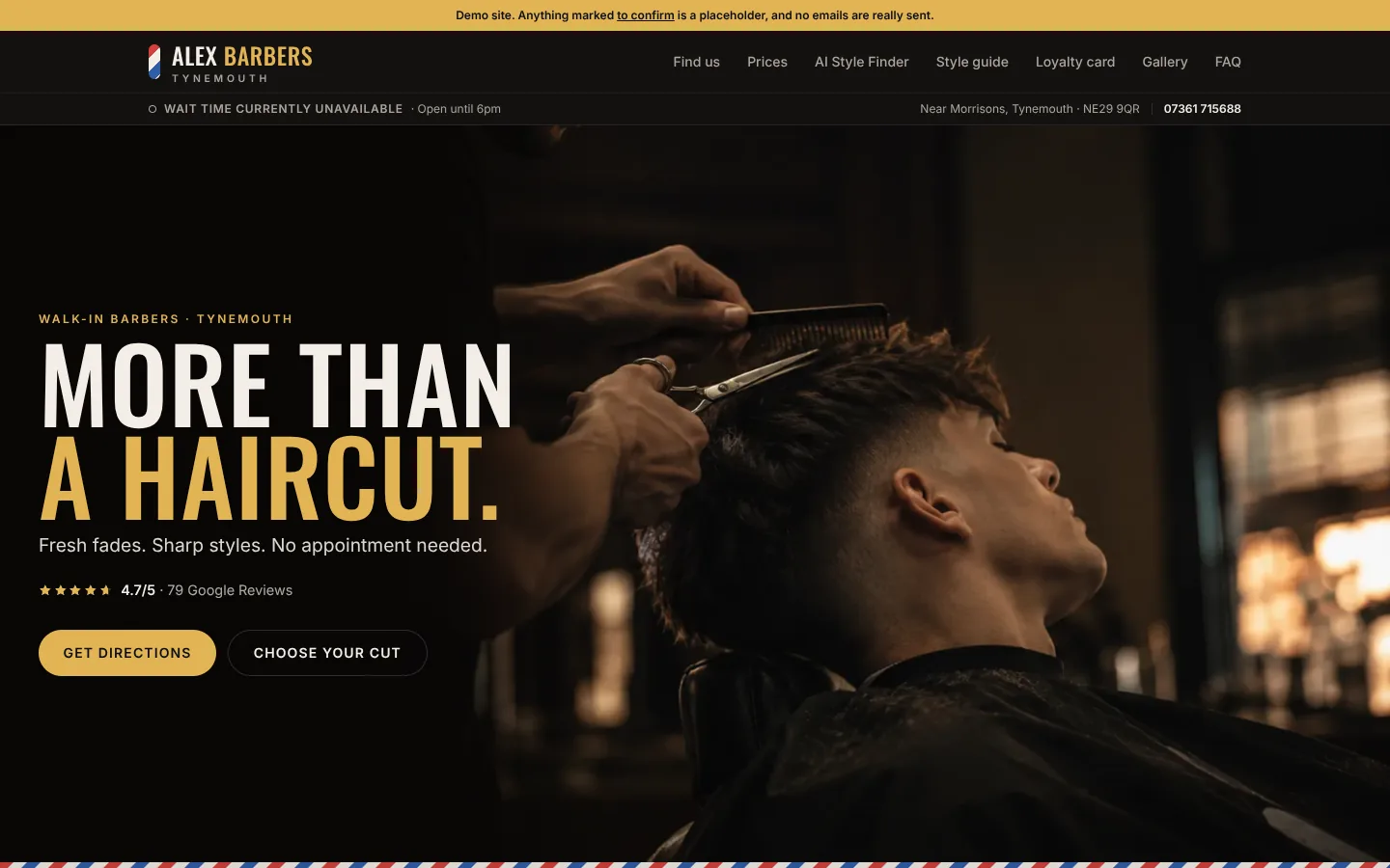 Alex Barbers website home page: More than a haircut, with live wait time, prices and the AI Style Finder in the menu